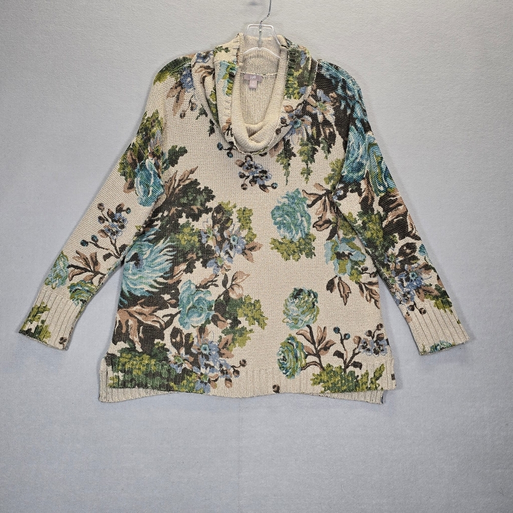 J Jill Floral Brown Blues Greens on Beige Cowl Neck Long Sleeve Tunic Sweater PM